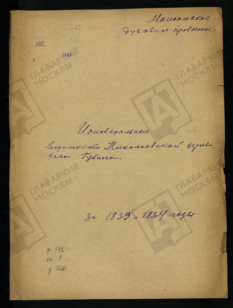 ИСПОВЕДНЫЕ ВЕДОМОСТИ, МОСКОВСКАЯ ГУБЕРНИЯ, МОЖАЙСКИЙ УЕЗД, ЦЕРКОВЬ НИКОЛАЕВСКАЯ СЕЛА ГУБИНА – Титульная страница единицы хранения