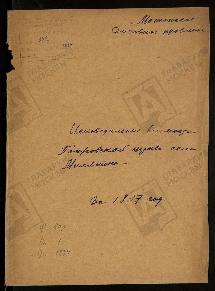 ИСПОВЕДНЫЕ ВЕДОМОСТИ, МОСКОВСКАЯ ГУБЕРНИЯ, МОЖАЙСКИЙ УЕЗД, ЦЕРКОВЬ ПОКРОВСКАЯ СЕЛА МИЛЯТИНА – Титульная страница единицы хранения