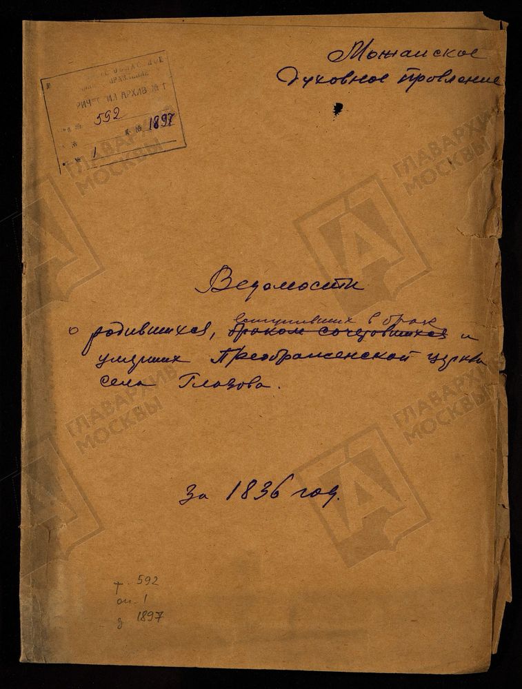 МЕТРИЧЕСКИЕ КНИГИ, МОСКОВСКАЯ ГУБЕРНИЯ, МОЖАЙСКИЙ УЕЗД, ЦЕРКОВЬ ПРЕОБРАЖЕНСКАЯ СЕЛА ГЛАЗОВА – Титульная страница единицы хранения