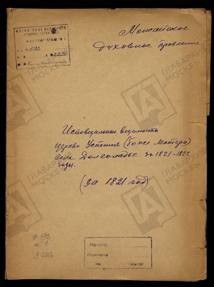 ИСПОВЕДНЫЕ ВЕДОМОСТИ, МОСКОВСКАЯ ГУБЕРНИЯ, МОЖАЙСКИЙ УЕЗД, ЦЕРКОВЬ УСПЕНСКАЯ СЕЛА ДОЛГОЛЯДЬЯ – Титульная страница единицы хранения