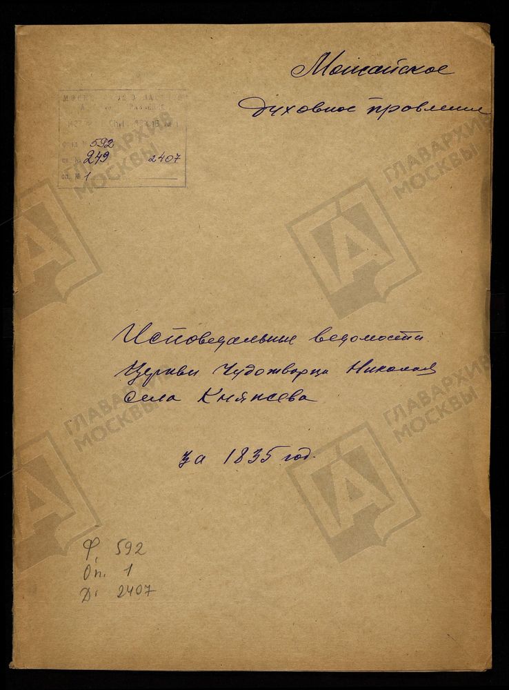 ИСПОВЕДНЫЕ ВЕДОМОСТИ, МОСКОВСКАЯ ГУБЕРНИЯ, МОЖАЙСКИЙ УЕЗД, ЦЕРКОВЬ НИКОЛАЕВСКАЯ СЕЛА КНЯЖЕВА – Титульная страница единицы хранения