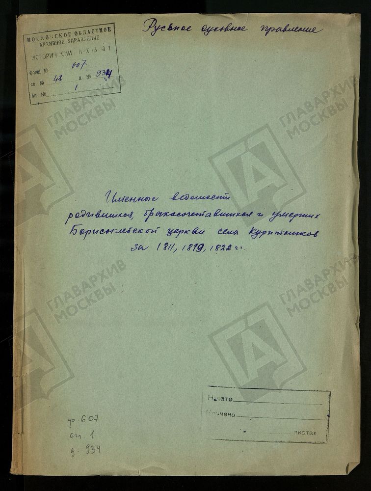 МОСКОВСКАЯ ГУБЕРНИЯ. РУЗСКИЙ УЕЗД. ИМЕННЫЕ ВЕДОМОСТИ РОДИВШИХСЯ, БРАКОСОЧЕТАВШИХСЯ И УМЕРШИХ. ЦЕРКОВЬ БОРИСОГЛЕБСКАЯ СЕЛА КУРЕТНИКОВО. – Титульная страница единицы хранения