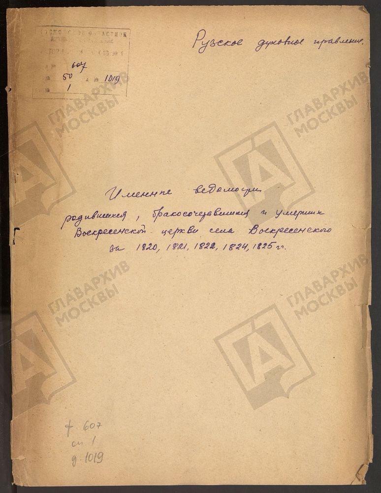 МОСКОВСКАЯ ГУБЕРНИЯ. РУЗСКИЙ УЕЗД. ИМЕННЫЕ ВЕДОМОСТИ РОДИВШИХСЯ, БРАКОСОЧЕТАВШИХСЯ И УМЕРШИХ. ВОСКРЕСЕНСКАЯ ЦЕРКОВЬ СЕЛО ВОСКРЕСЕНСКОЕ. – Титульная страница единицы хранения