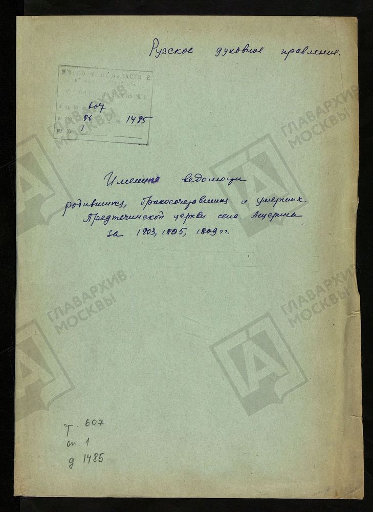 МОСКОВСКАЯ ГУБЕРНИЯ. РУЗСКИЙ УЕЗД. ИМЕННЫЕ ВЕДОМОСТИ РОДИВШИХСЯ, БРАКОСОЧЕТАВШИХСЯ И УМЕРШИХ ПРЕДТЕЧЕНСКОЙ ЦЕРКВИ С. АЩЕРИНО. – Титульная страница единицы хранения
