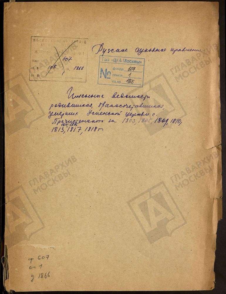 МОСКОВСКАЯ ГУБЕРИЯ. РУЗСКИЙ УЕЗД. ИМЕННЫЕ ВЕДОМОСТИ РОДИВШИХСЯ, БРАКОСОЧЕТАВШИХСЯ И УМЕРШИХ УСПЕНСКОЙ ЦЕРКВИ С. ПРЕЧИСТЕНСКОЕ. – Титульная страница единицы хранения