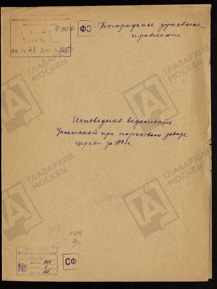 МОСКОВСКАЯ ГУБЕРНИЯ. БОГОРОДСКИЙ УЕЗД. УСПЕНСКАЯ ПРИ ПОРОХОВОМ ЗАВОДЕ ЦЕРКОВЬ. – Титульная страница единицы хранения