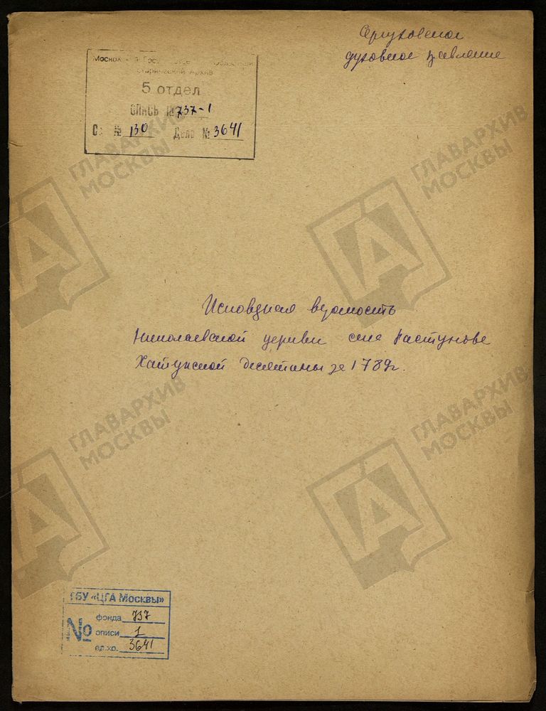 МОСКОВСКАЯ ГУБЕРНИЯ. СЕРПУХОВСКИЙ УЕЗД. ЦЕРКОВЬ НИКОЛАЯ ЧУДОТВОРЦА СЕЛА РАСТУНОВА. – Титульная страница единицы хранения