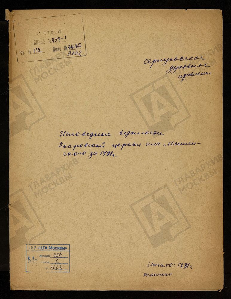 МОСКОВСКАЯ ГУБЕРНИЯ. СЕРПУХОВСКИЙ УЕЗД. ЦЕРКОВЬ ПОКРОВА ПРЕСВЯТОЙ БОГОРОДИЦЫ СЕЛА МЫШЕНСКОГО. – Титульная страница единицы хранения