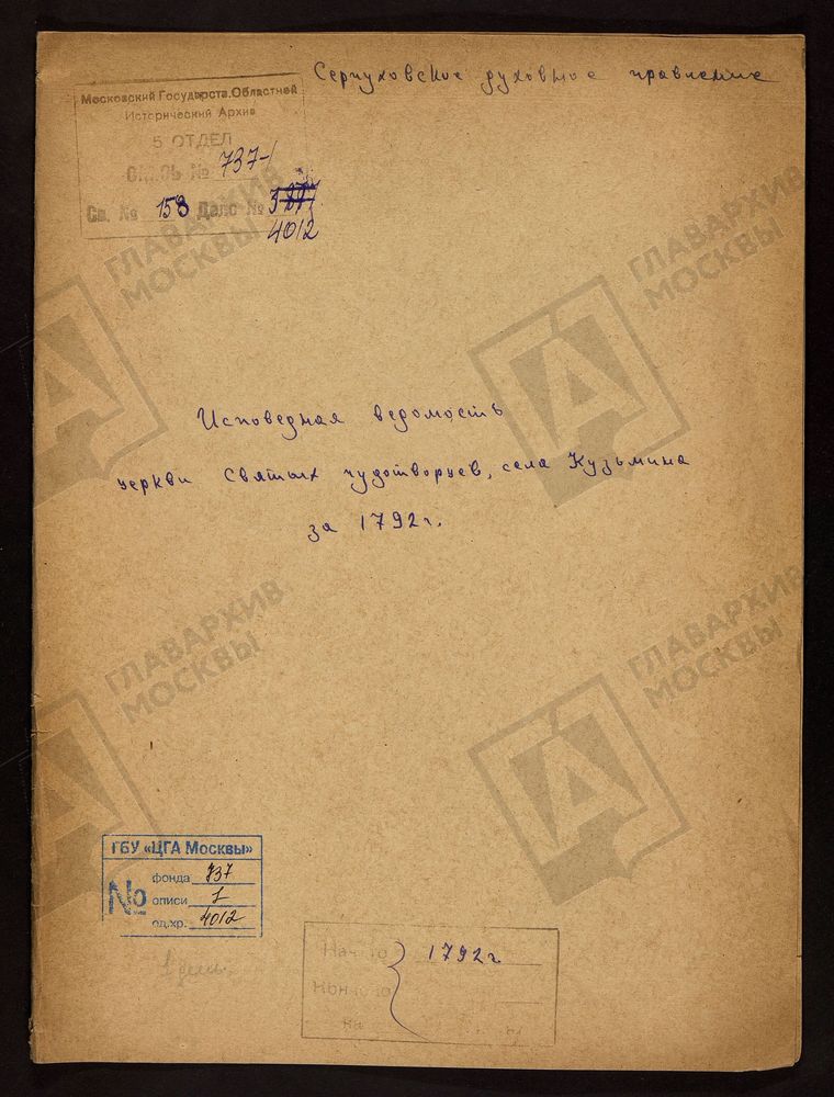 МОСКОВСКАЯ ГУБЕРНИЯ. СЕРПУХОВСКИЙ УЕЗД. ЦЕРКВИ СВЯТЫХ ЧУДОТВОРЦЕВ СЕЛА КУЗЬМИНА. – Титульная страница единицы хранения