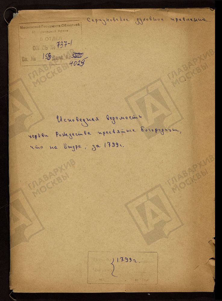 МОСКОВСКАЯ ГУБЕРНИЯ. СЕРПУХОВСКИЙ УЕЗД. ЦЕРКВИ РОЖДЕСТВА ПРЕСВЯТОЙ БОГОРОДИЦЫ НА ВЫДРЕ. – Титульная страница единицы хранения