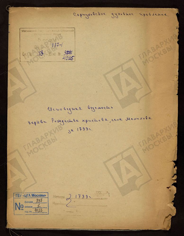 МОСКОВСКАЯ ГУБЕРНИЯ. СЕРПУХОВСКИЙ УЕЗД. ЦЕРКВИ РОЖДЕСТВА ХРИСТОВА СЕЛА МЕЛИХОВА. – Титульная страница единицы хранения